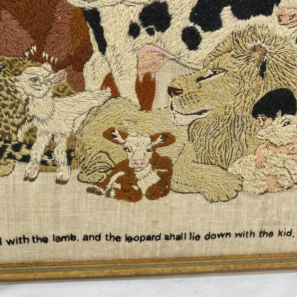 Vtg Framed Crewel Wall Hanging Isaiah 11:6-7 Biblical Large Finished Embroidery - Picture 4 of 16